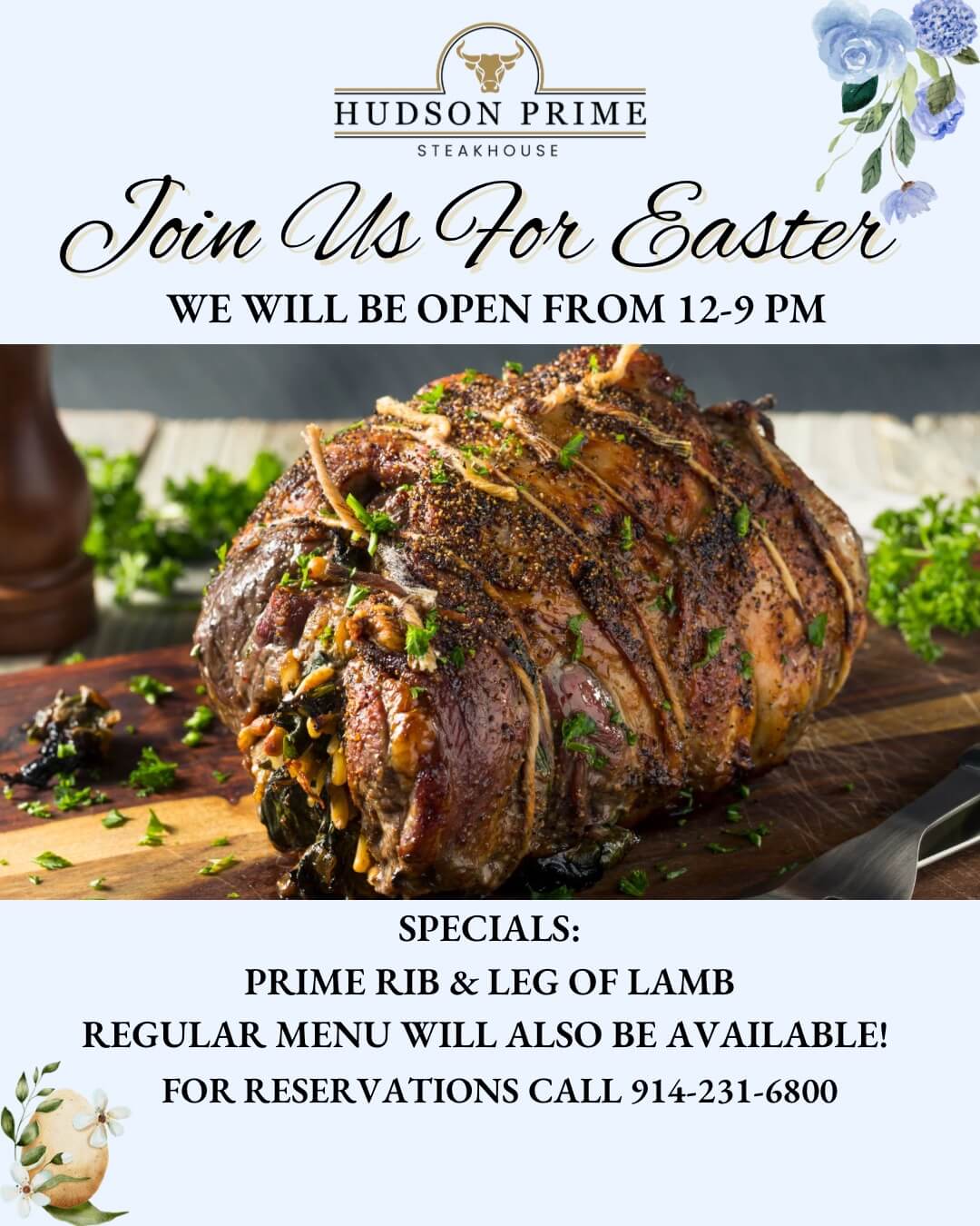 Hudson Prime Steakhouse Easter invitation featuring a roasted prime rib tied with herbs on a wooden board, specials include prime rib and leg of lamb, open from 12-9 PM.